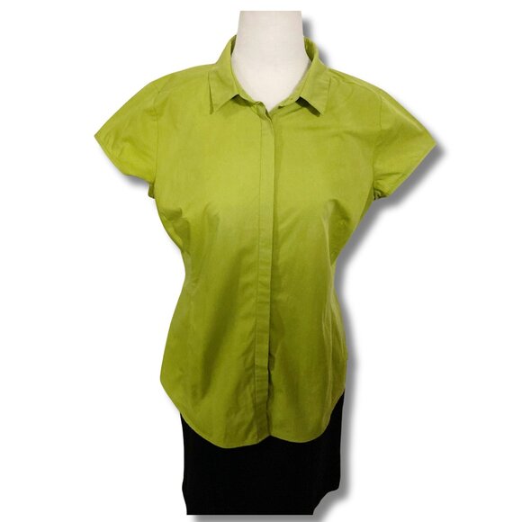 WORTHINGTON Chartreuse green short-sleeve button-down shirt MEDIUM LARGE blouse - Picture 1 of 15